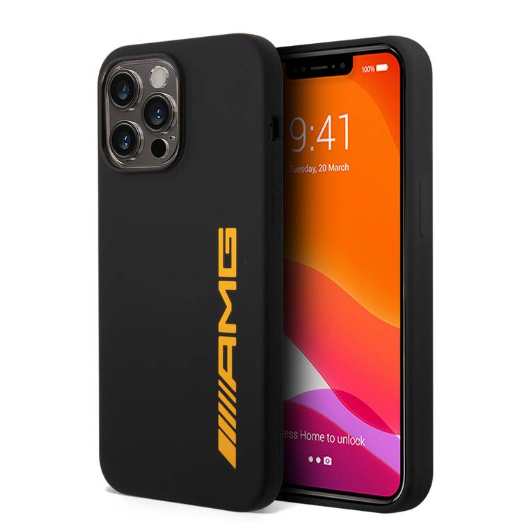AMG Yellow Liquid Silicone Case with Colorful AMG Logo for iPhone 14 Pro Max 