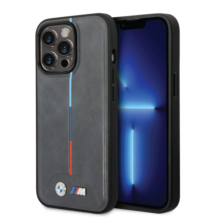 BMW M Collection Quilted PU Case Hot Stamped Tricolor Stripe & Printed Logo for iPhone 14 Pro Max 