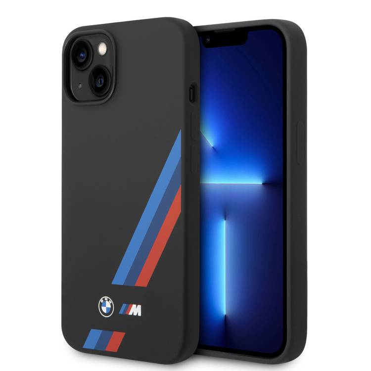 BMW M Collection Liquid Silicone Case Slanted Tricolor Stripes & Printed Logo For iPhone 14 