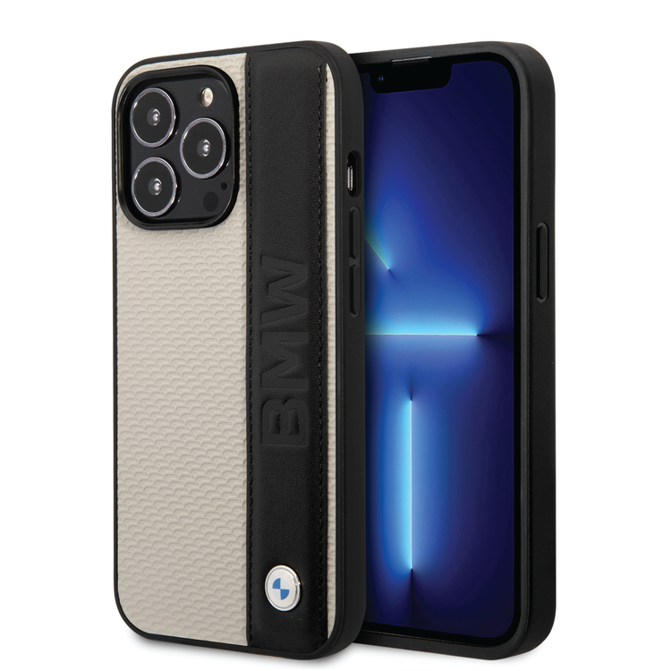 BMW Signature Collection Genuine Leather Case w/ Textured & Big Logo Stripe For iPhone 14 Pro